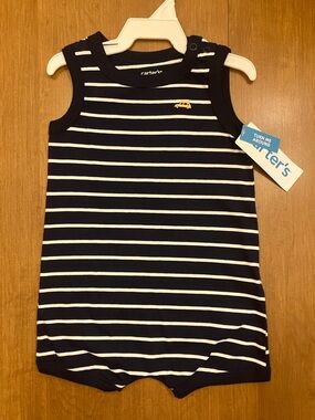 6M Navy & White Striped Tank Romper with Orange Car Accent